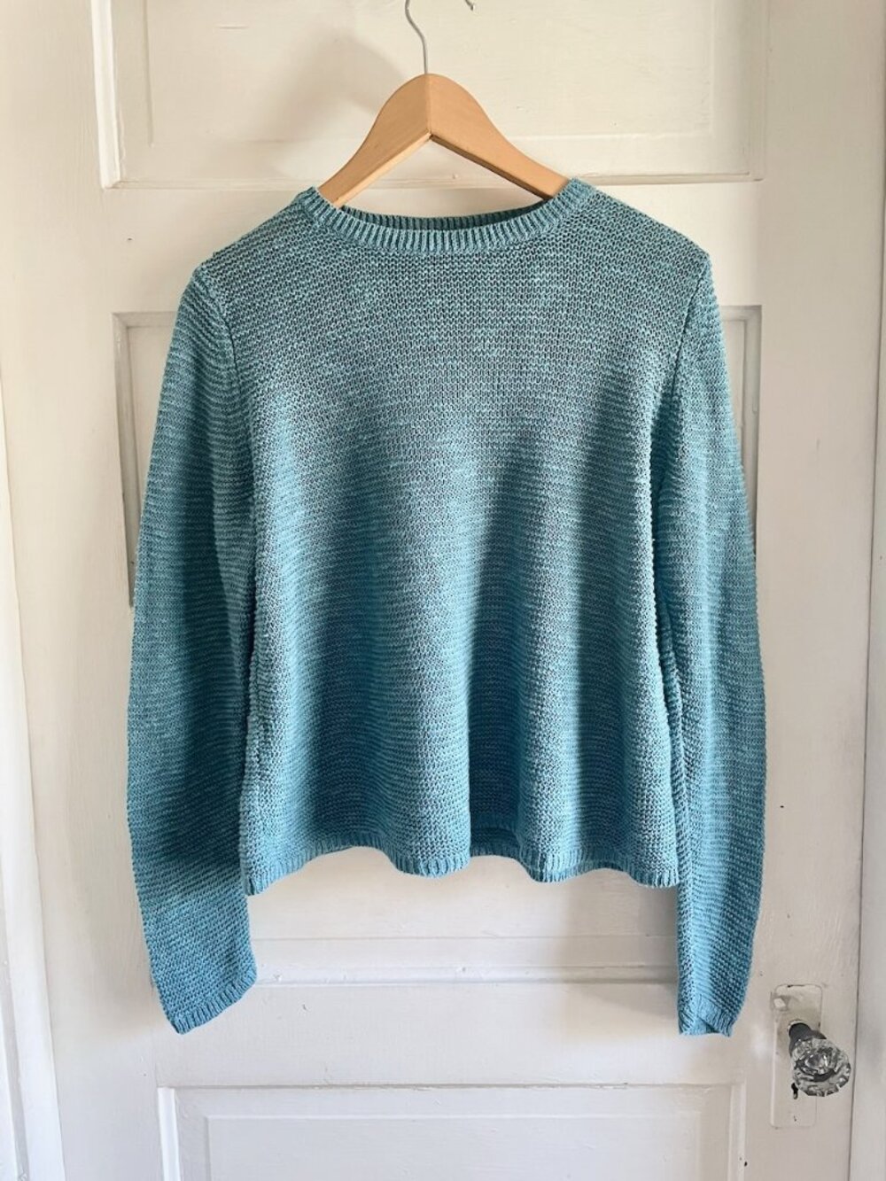 Eileen Fisher Teal Organic Linen & Cotton Slub Knit Crew Neck Sweater XS *Runs L